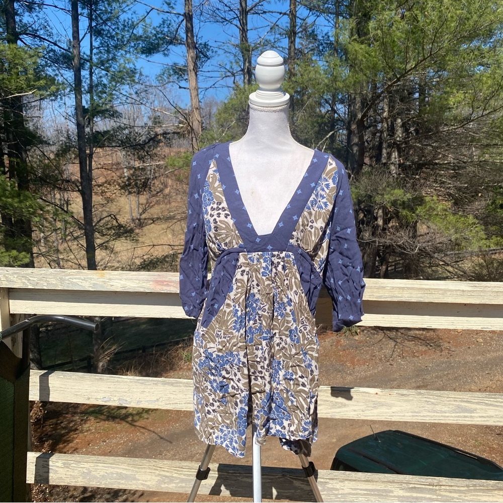 Free People Blue and Cream Patterned Tunic Mini Dress